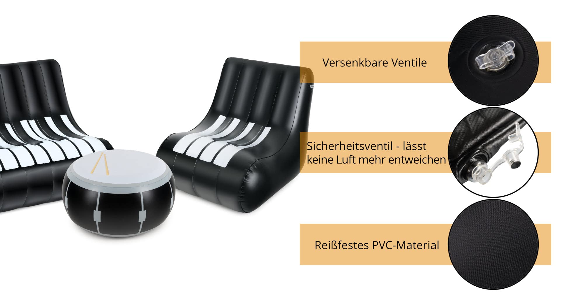 Stagecaptain IF-Set Aufblasbares Loungemöbel-Set - Sitzgarnitur aus PVC - Bestehend aus einem Tisch, einem Sessel und einem Sofa - Ideal für Festivals, Camping, Garten, Proberaum oder Wohnzimmer