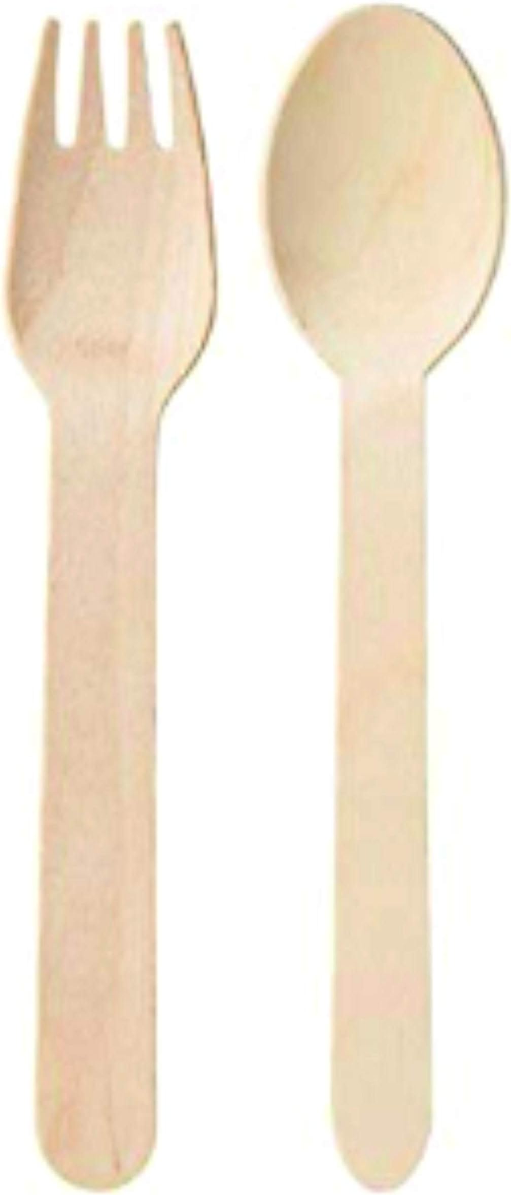 EcoHomeDisposable Wooden Spoons (25) & Disposable Wooden Forks (25) for Home Use, 100% Biodegradable, Eco-Friendly Disposable Spoon and Fork, Event Supplies, Party Supplies, 160 mm, Set of 50 Pcs