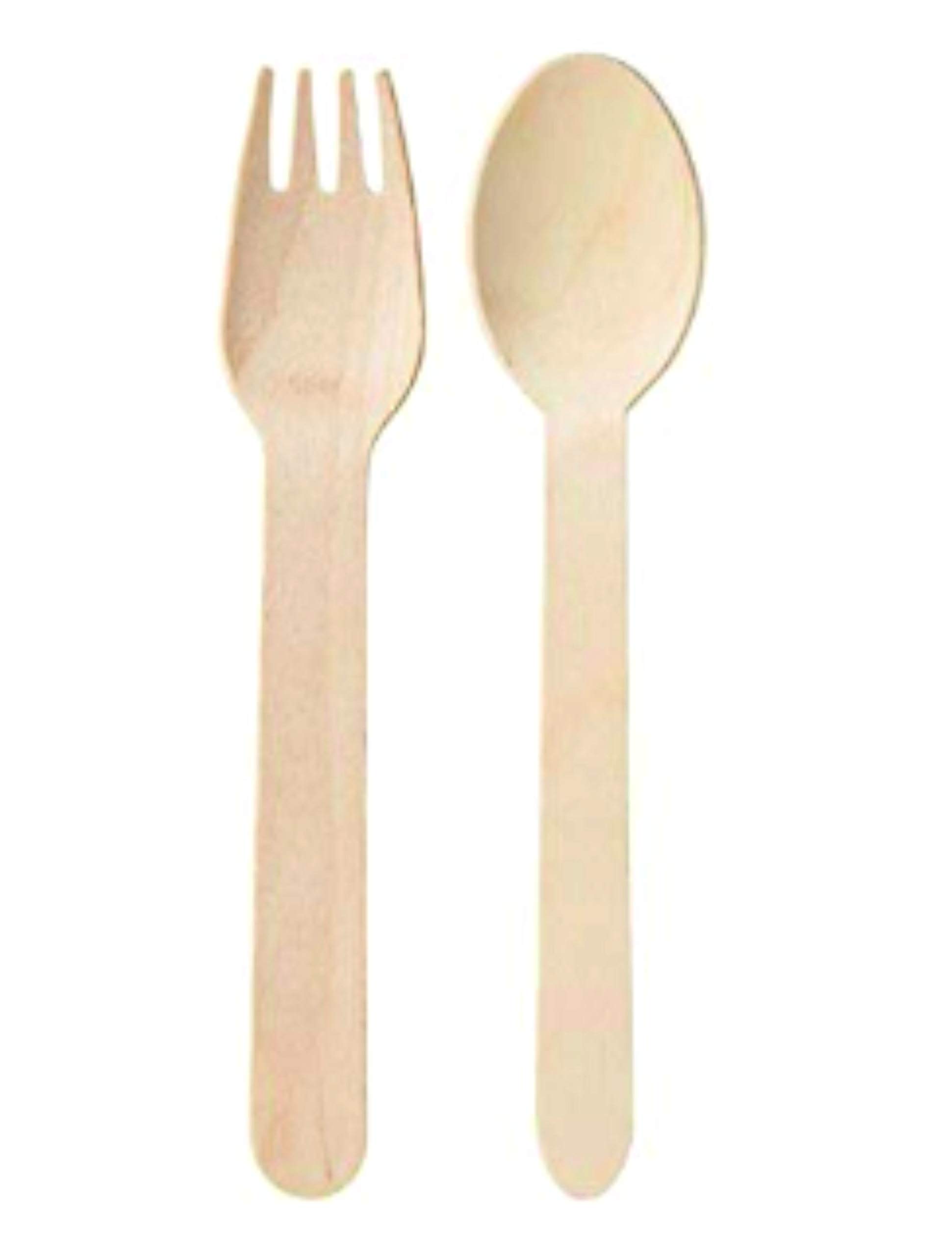 EcoHomeDisposable Wooden Spoons (25) & Disposable Wooden Forks (25) for Home Use, 100% Biodegradable, Eco-Friendly Disposable Spoon and Fork, Event Supplies, Party Supplies, 160 mm, Set of 50 Pcs
