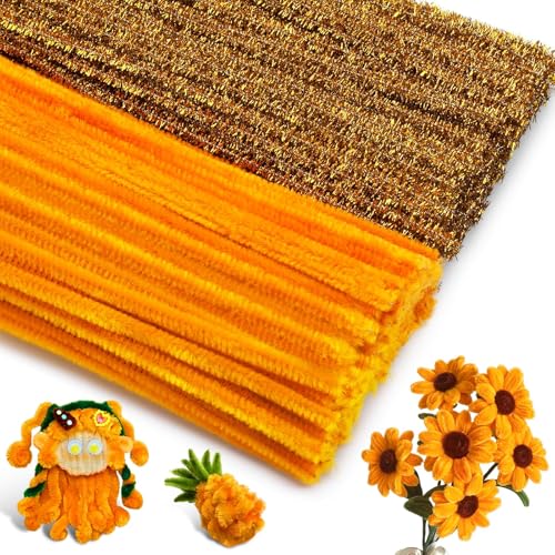 Image of Pipe Cleaners, 200PCS Orange /Glitter Gold Craft Chenille Stem | Pipe Cleaners Chenille Stem, 100PCS Orange+100PCS Glitter Gold Fuzzy Sticks Pipe Cleaners Bulk for DIY Sunflower Decoration
