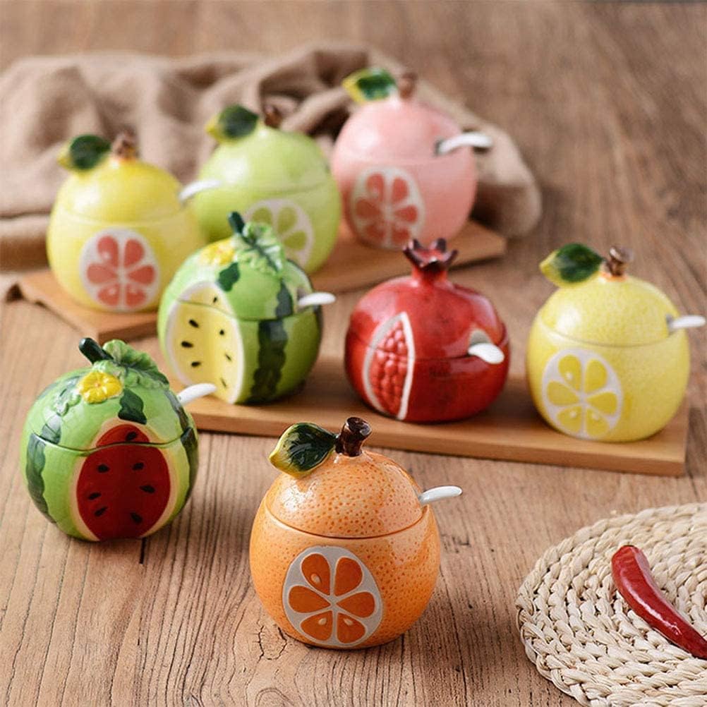 Ceramics Fruit Shaped Sugar Bowl Salt Pot Pepper Storage Jar with Lid and Spoon Seasoning Box Condiment Pots (Red Pomegranate)