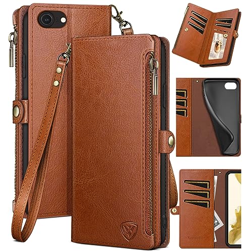 XcaseBar for iPhone SE 3rd/7/8 Wallet case with Zipper Credit Card Holder?RFID Blocking?, Flip Folio Book PU Leather Phone case Shockproof Cover Women Men for Apple SE case Light Brown