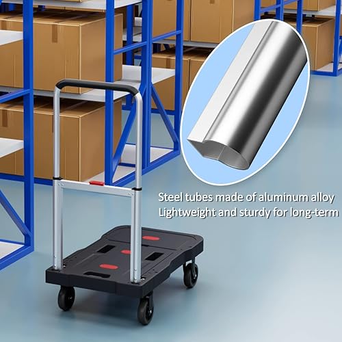 Miniatura 9 de Carro de empuje plegable para camión de plataforma, capacidad de peso de 330 libras, mango ajustable para carretilla de mano con ruedas giratorias