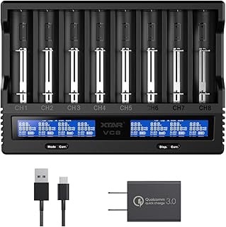 8 Bay18650 Battery Charger,XTAR VC8(VC4+VC4S) USB C 21700 Smart Speedy Charger for Rechargeable Li-ion IMR Ni-MH Ni-Cd AA AAA C 16340 26650 14500 18650 with 18W Adapter