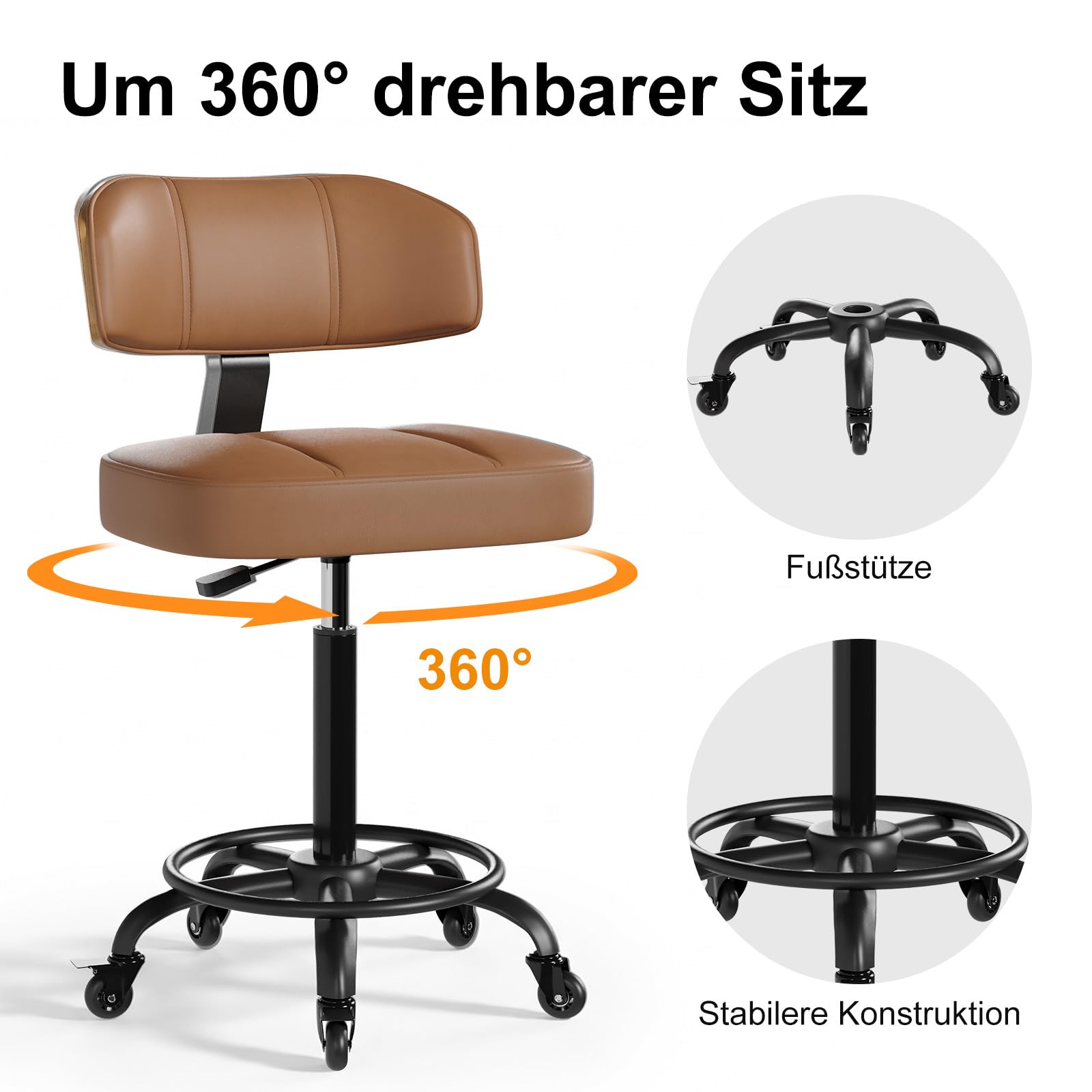 Bürostuhl ohne Armlehnen Drehstuhl 360° Schreibtischstuhl mit Rollen höhenverstellbar PU-Leder für Arbeitszimmer Schlafzimmer Homeoffice Schminkbereich Operationssaal Labor Schwarz Braun