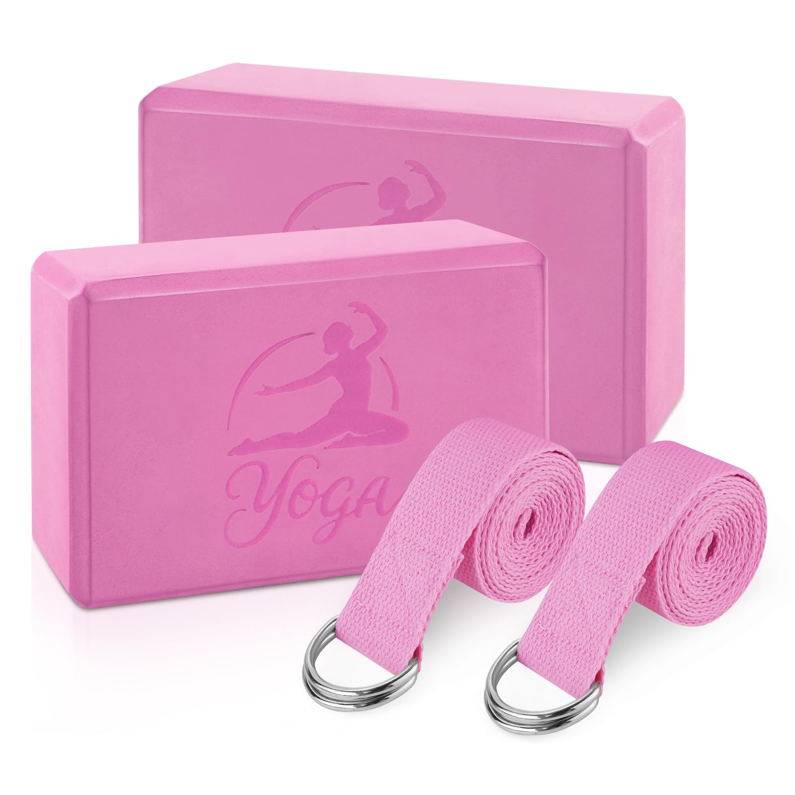 RETON Yoga Blocks Set, High - Density Yoga Block with 2 Strap, Lightweight EVA Foam Brick Yoga Pilates Blocks with Embossed Design, Yoga Brick for Posture Adjustment, Movement Assistance (Pink, 1)