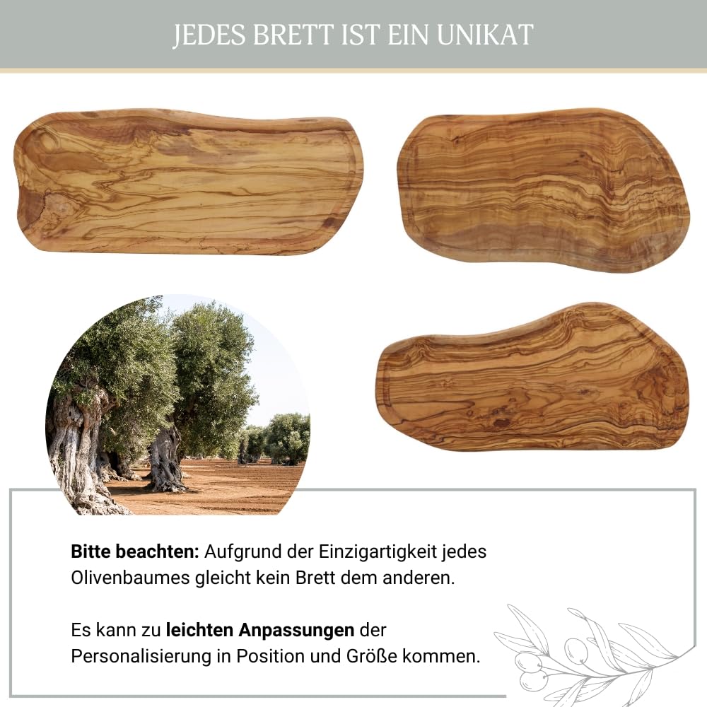 HOFMEISTER® Schneidebrett Olivenholz personalisiert Gravur - Olivenholzbrett Naturschnitt Servierbrett Holzbrett mit Saftrille - Geschenk Hochzeit Einweihung Einzug - Holz, 50 cm