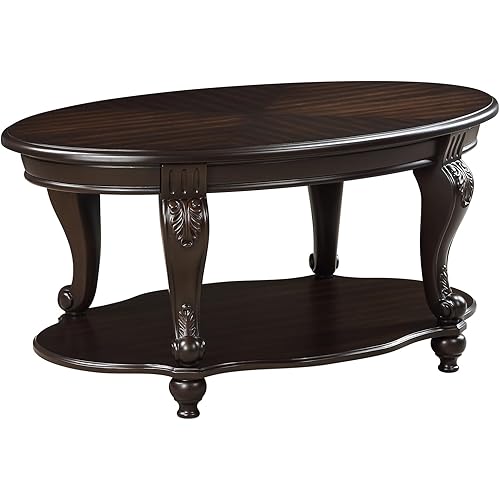 42" Wood Coffee Table for Living Room Oval Coffee Table with Storage Shelf, Antique Table Legs with Elegant Carvings, Easy Assembly, Espresso