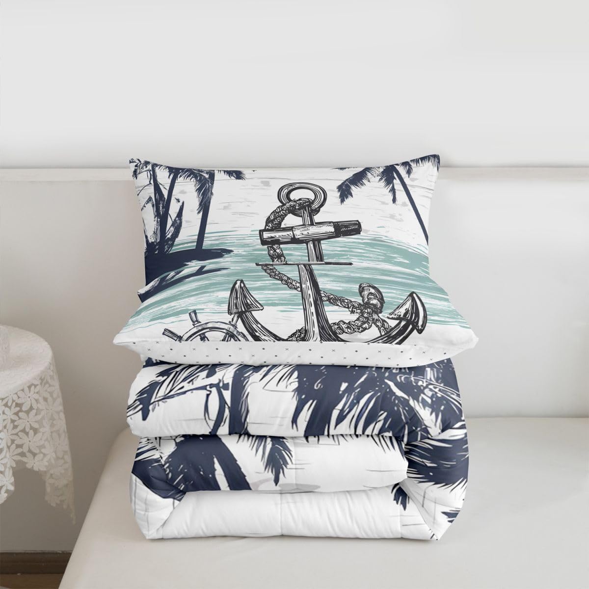 Feelyou Anchor Decor Comforter Set Full Size Kids Leaf Pattern Comforter for Boys Girls Teens Ocean Themed Bedding Set Sea Adventure Duvet Set Ocean Nature Theme Quilt