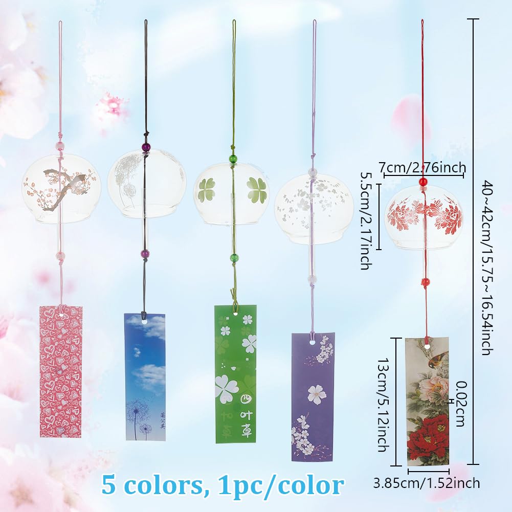 PH PandaHall 5 Stili Campanelli Eolici Giapponesi Campanelli Eolici Vetro con Etichetta 40~42cm Campane in Vetro con Motivo Floreale per Decorazione Casa Giardino Albero Terrazzo