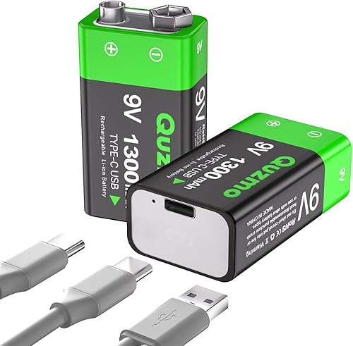 Paquete de 2 baterías recargables de iones de litio de 9 voltios, 1300 mAh de larga duración, recarga USB-C con cable de carga 2 en 1 para alarmas