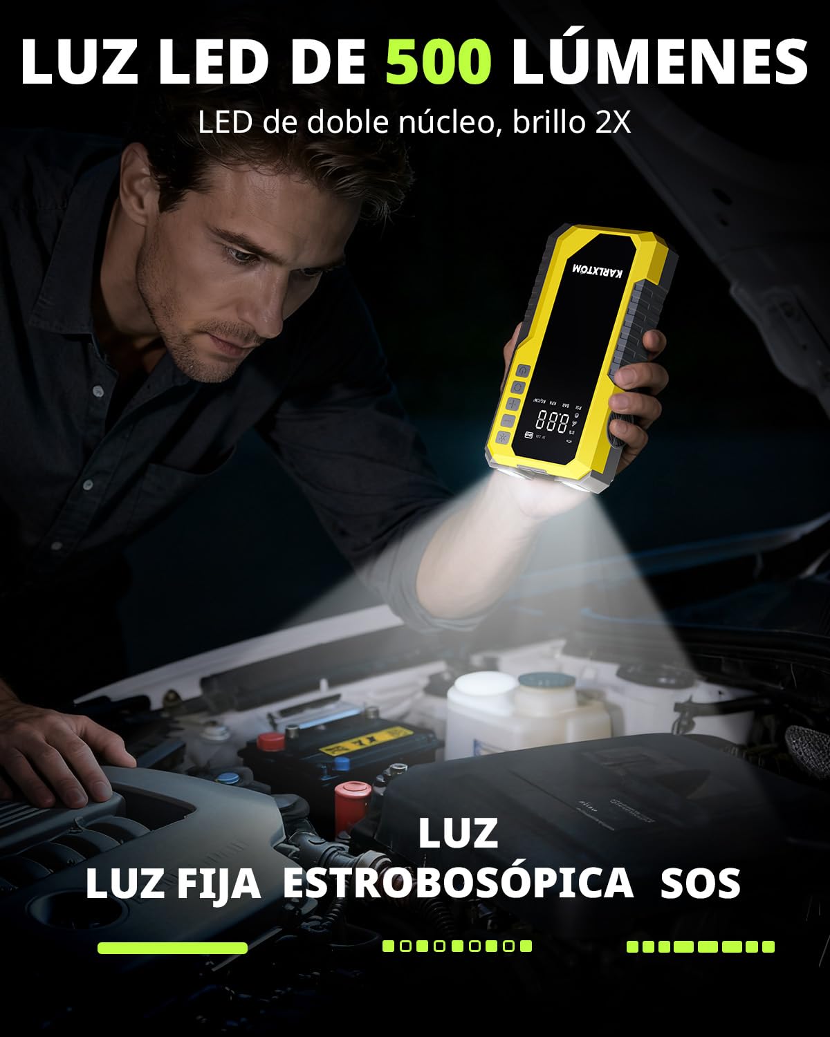 Karlxtom Arrancador de Baterias de Coche 4500A, Compresor de Aire de 190 PSI (Toda Gasolina o 10L Diésel)，12V Arrancador de Coches, Linterna LED de 500 Lúmenes, Pantalla LCD