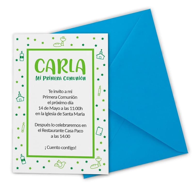 Imagen de Amazon: Invitación Primera Comunión con sobre personalizadas.En entrada de blog Invitaciones Comunión Originales