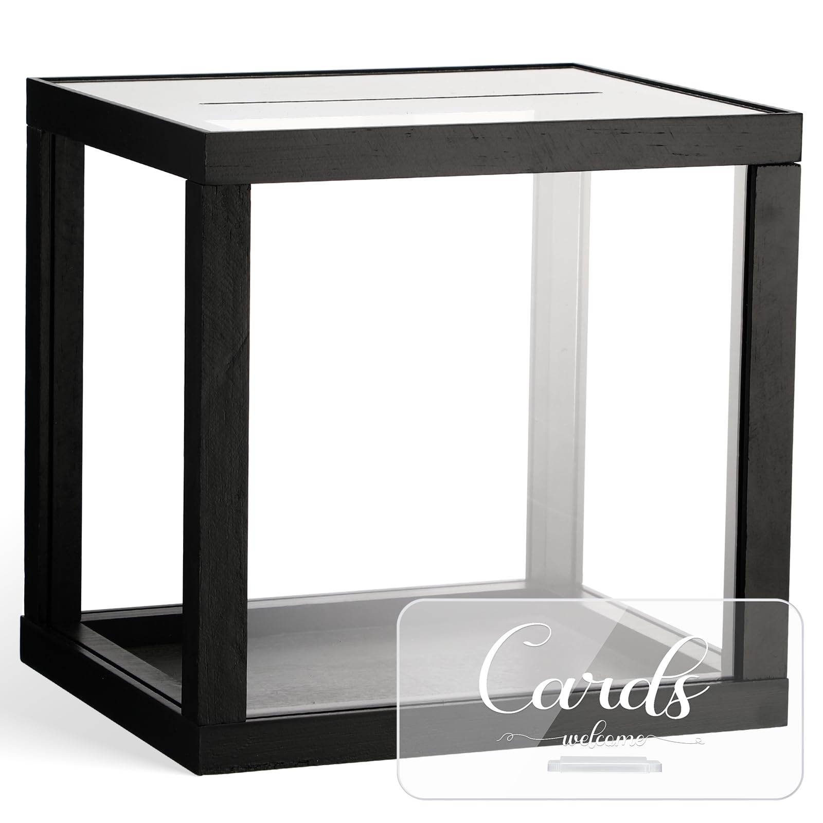 Photo 1 of Menkxi Clear Wedding Card Box with Slot 10 x 10 x 8.5 Large Acrylic Card Box for Party Wooden Envelope Holder with Sign for Wedding Quinceanera Birthday Baby Shower Decorations(Black,Wood)