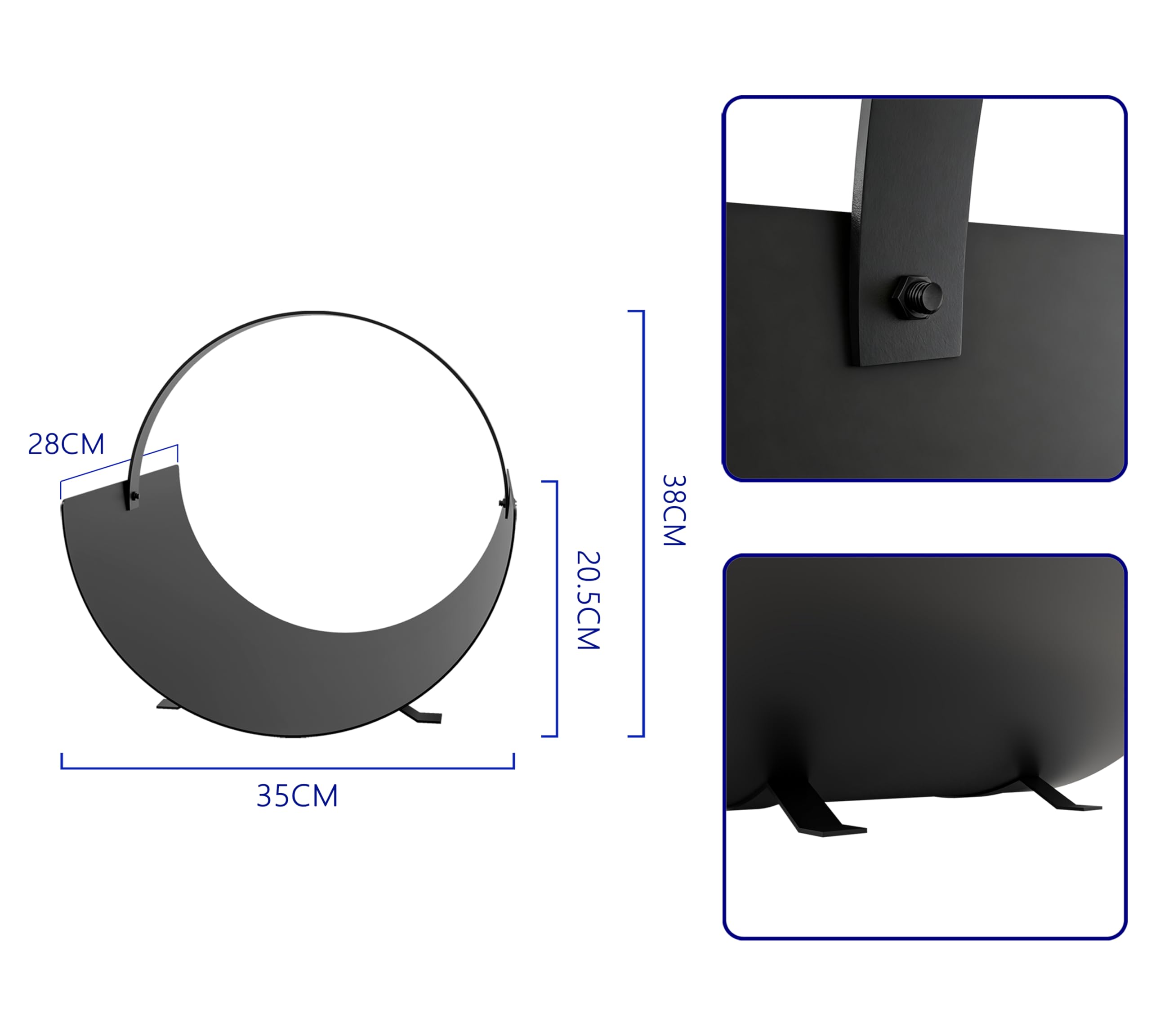 Kingson Cesta de leña para chimenea interior, soporte de troncos de acero arqueado con mango de hierro plano, almacenamiento de leña negro, soporte decorativo para leña, 35 x 28 x 36 cm