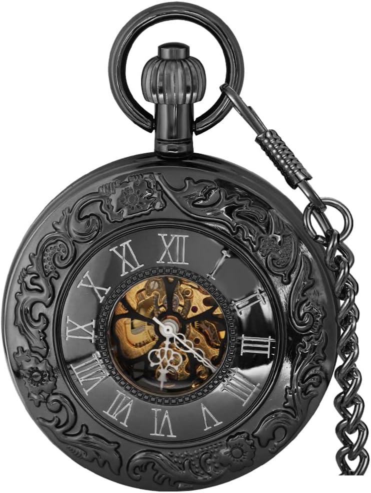 Pocket Watch Mechanical Pocket Watch Hand Wind Roman Numerals Pocket Watch Men Steampunk with Chain Box