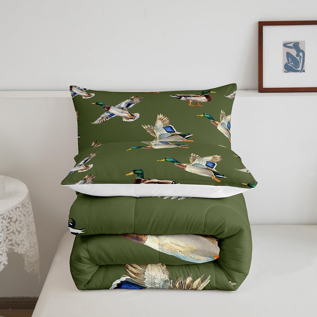 jejeloiu Cute Mallard Duck Comforter Set Twin Size Kids Wild Duck Hunting Comforter for Boys Teens Hunting and Fishing 3D Wild Animal Bedding Set Green Duvet Set Room Decor Quilt Set - Image 6