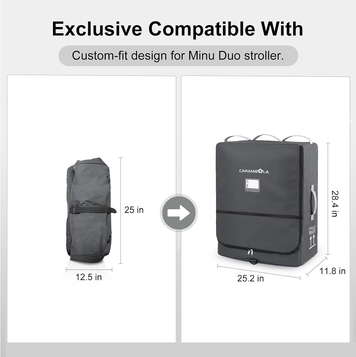 CARAMBOLA Stroller Travel Bag Compatible with UPPAbaby Minu Duo, Wheeled Gate Check Bag for Airplane, Hidden Backpack Straps, Front Zip Pocket, 600D Waterproof Padded Carrier with Foldable Storage image 5