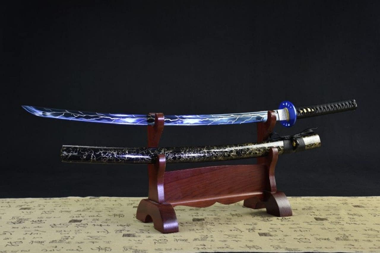 Special Blue Thunder and Lightning Blade Katana Combat High Manganese Steel Japanese Samurai Sword Full Tang Blade Sharp Blue Tsuba Black Gold Saya (Black)
