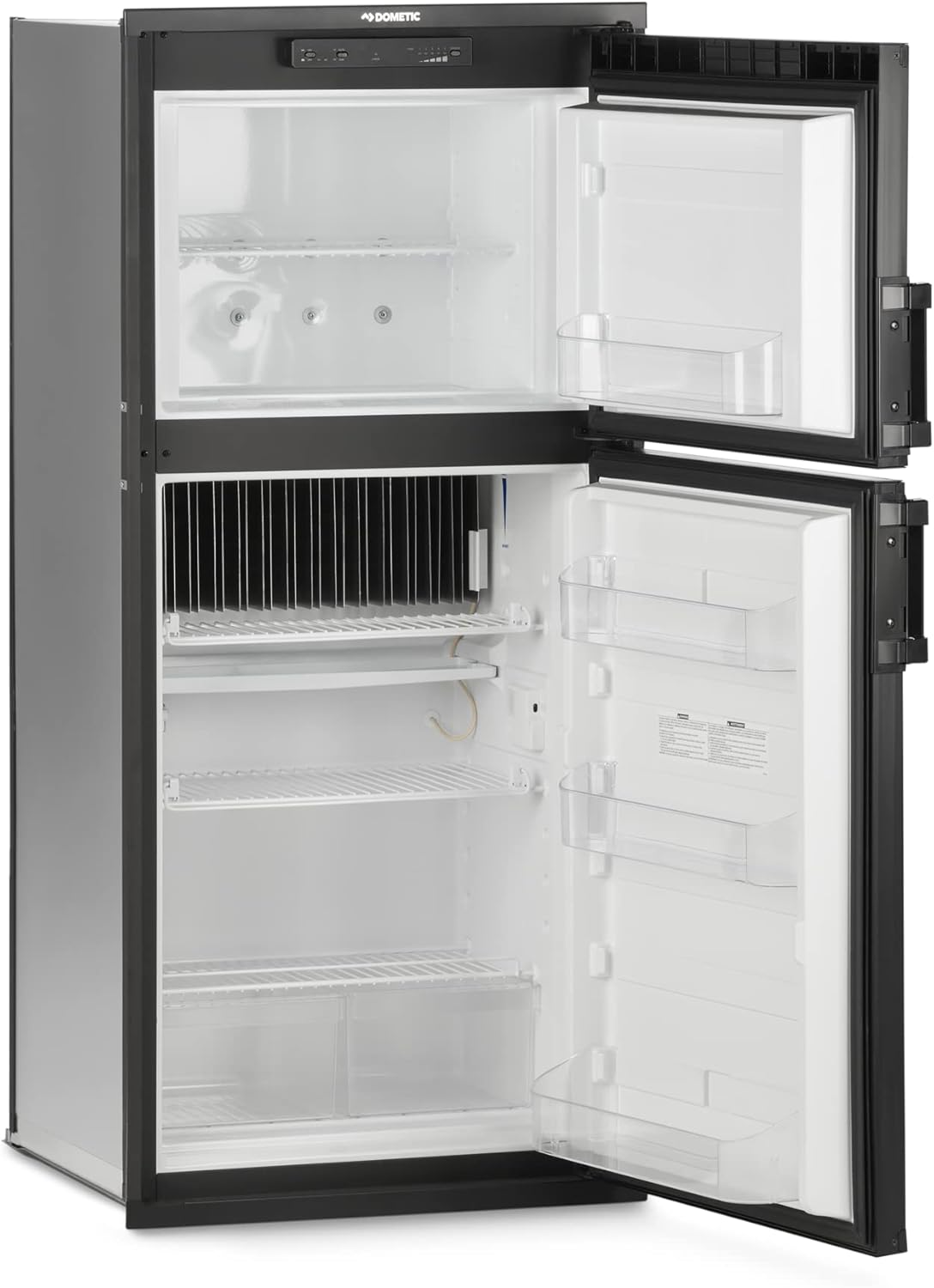 Innere view of the Dometic Americana II Plus Refrigerator showing shelves and door bins