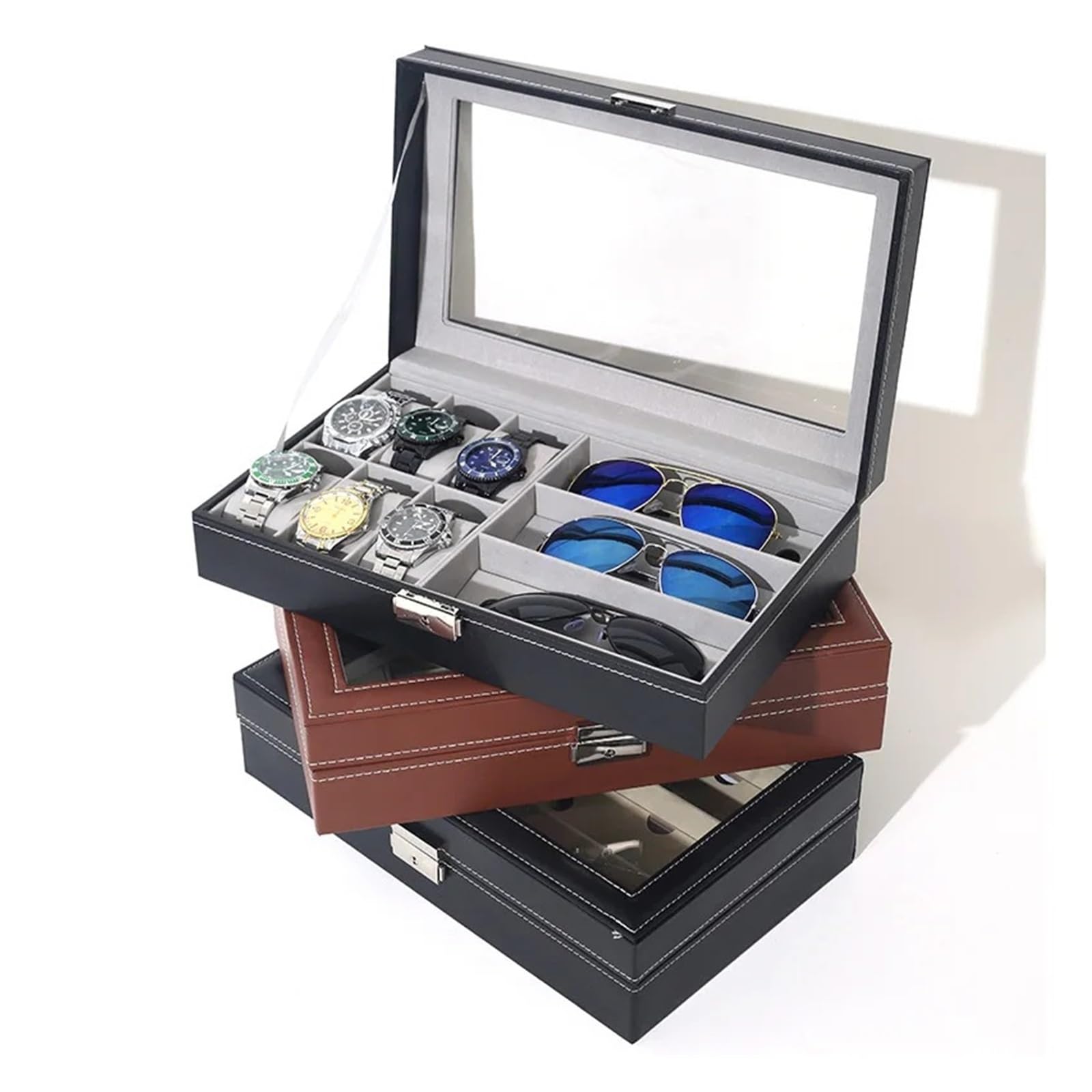 Staubdichte Uhrenbox aus Pu-Leder mit 6 Positionen, 3 Sonnenbrillen-Vitrine, Aufbewahrungstasche, Uhrenarmbänder-Aufbewahrungsbox zur Aufbewahrung von Uhren(Outer Black inner Rice)