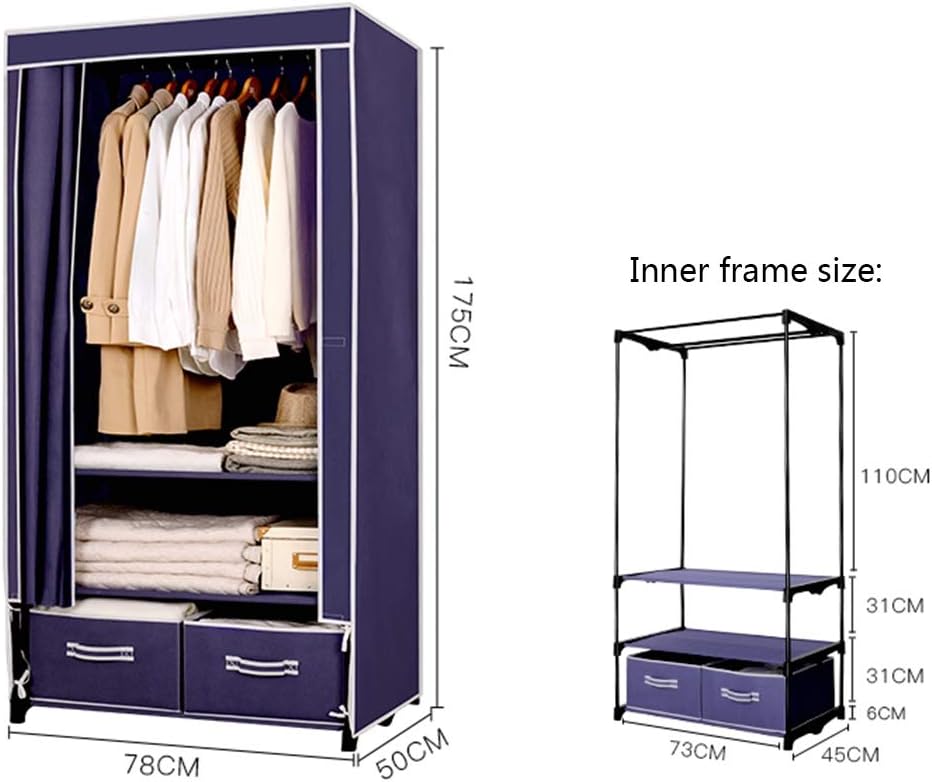 Foldable Closets Simple Wardrobe Fabric Storage Cabinet Single-Layer Canvas Wardrobe with 2 Storage Drawers 7850175CM—Brown and Purple (Purple)