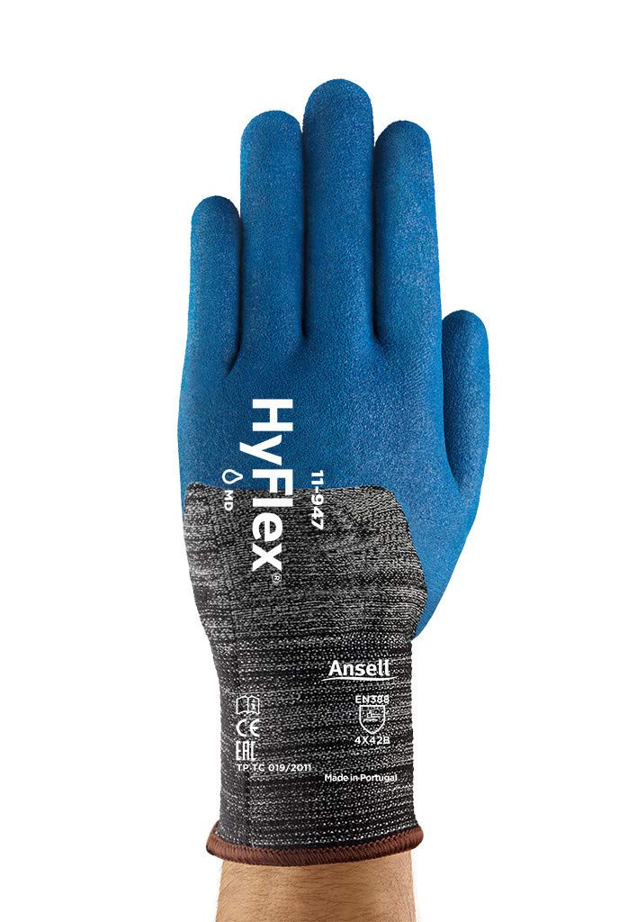 Ansell Hyflex 11-947 Oléofogs Work Rękawiczki, doskonała przyczepność i odporność na ścieranie, ochrona przed kawałkami, profesjonalne EPI, niebieski, rozmiar L (12 par)
