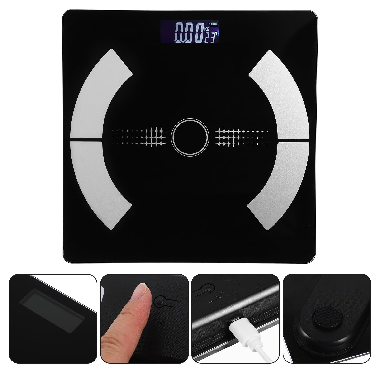 Báscula de Grasa Corporal Digital para Hogar Carga USB y Vidrio Negro