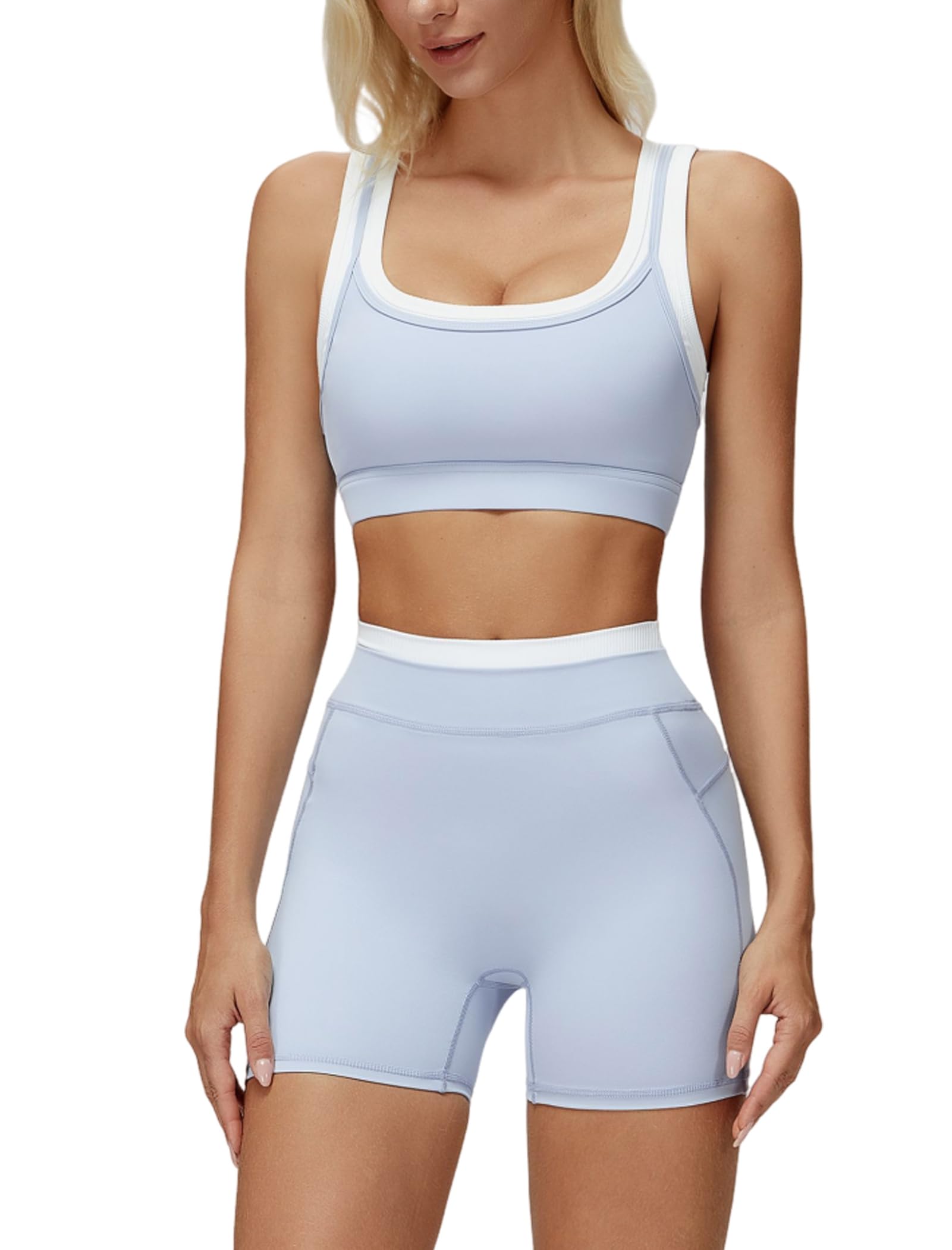 Two Piece Workout Sets for Women Square Neck Sports Bra and Scrunch Butt Lifting Shorts Gym Yoga Active