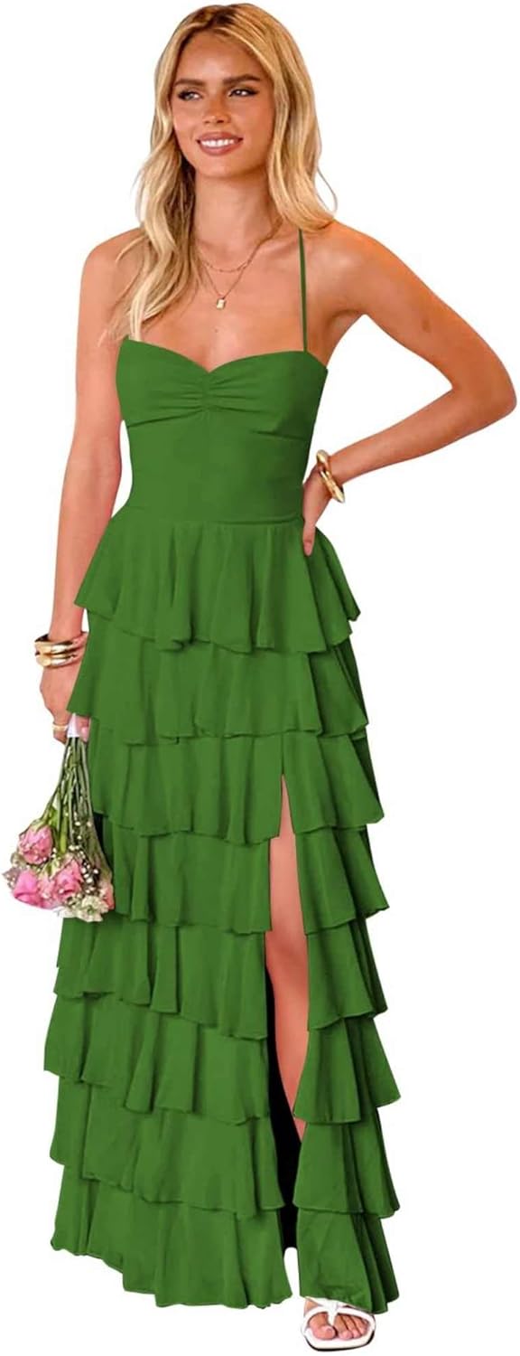 Tiered Chiffon Bridesmaid Dress for Women Spaghetti Straps Ruffle Prom Dresses with Slit