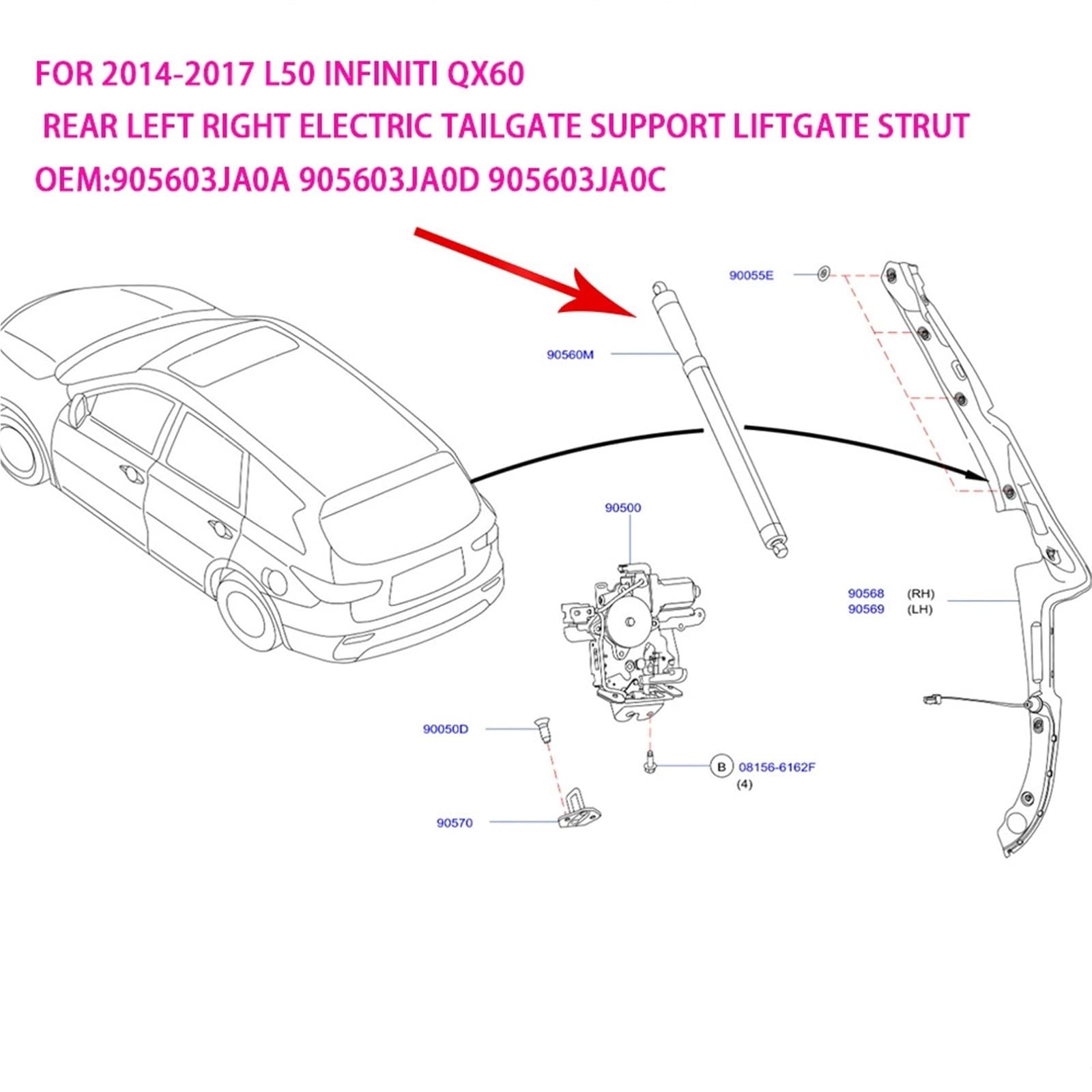 Amortyzator gazowy sprężyna gazowa Pasuje do Infiniti JX35 L50 2013, tylna lewa prawa elektryczna klapa bagażnika, siłownik klapy bagażnika 905603JA0A 905603JA0D 905603JA0C(905603JA0A 1 Pair)