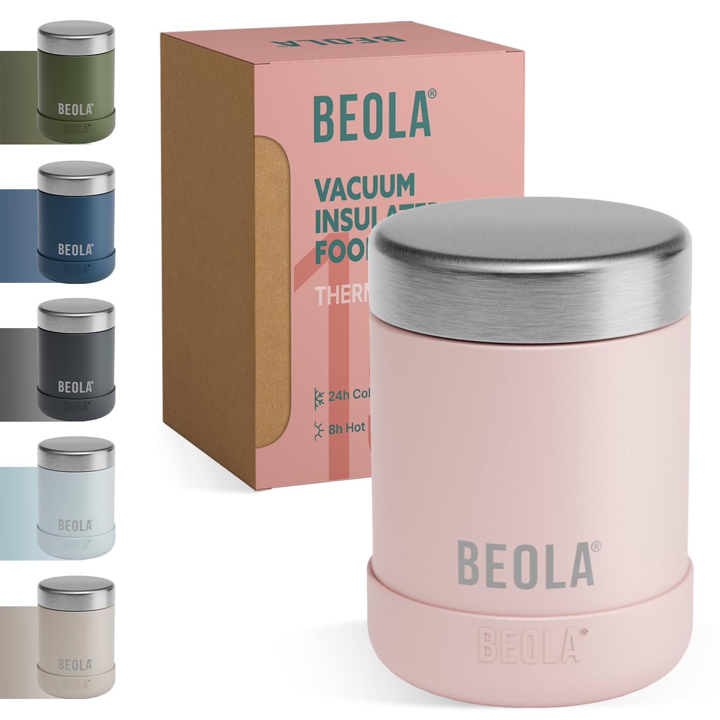 BEOLA 450ml Food Jar Lunch Box Thermos Stainless Steel Double Wall Insulated Travel Food Flask for Kids and Adults, 15oz (Fashion Pink)