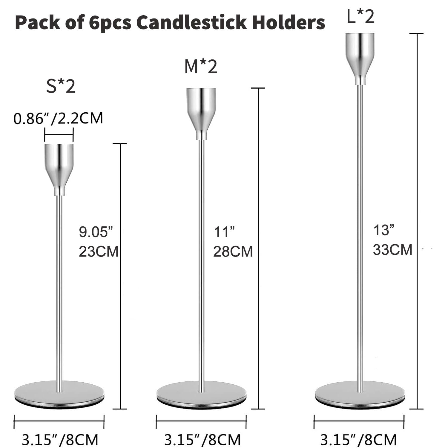 Set di 3 portacandele argentati per candele a stelo, camino, centrotavola, decorazione moderna per matrimonio, festa, cena, compleanno