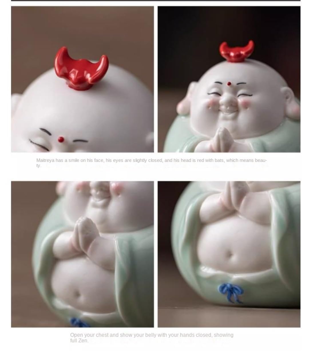Figura Buda,Resistente Intemperie, Estatua De Buda 4,1 Pulgadas con Base Madera, Sonriente Gran Barriga para Decoración del Hogar, Sala Estar Y Coche Feng Shui