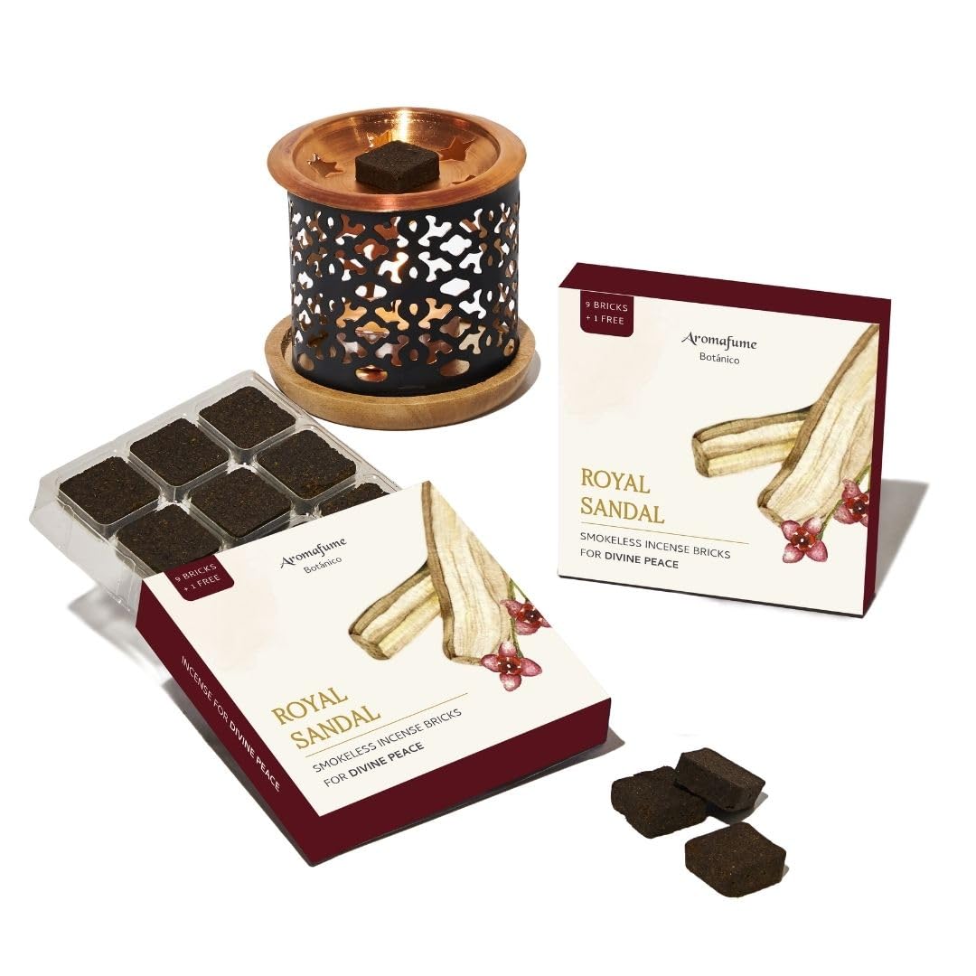 Aromafume Royal Sandal Incense Bricks (2 X 9 Bricks) & Snowflake Exotic Burner By | Made With Sandal Flower & Sandalwood | Ideal For Prayer And Rituals | Natural, Low Smoke