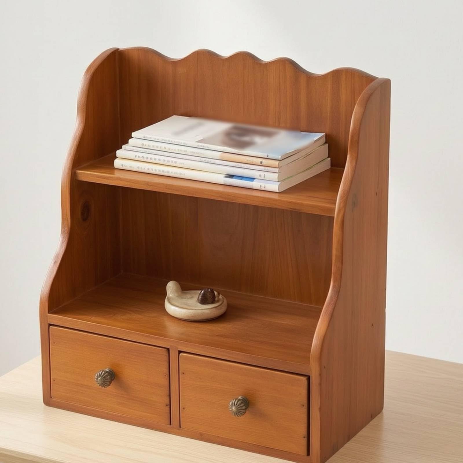 Organizzatore da Scrivania in Legno Scaffale Organizer Cassetti Portaoggetti Portadocumenti in Legno Massello con Due Ripiani E Due Cassetti Compatto Adatto per Ufficio Studio Dormitorio