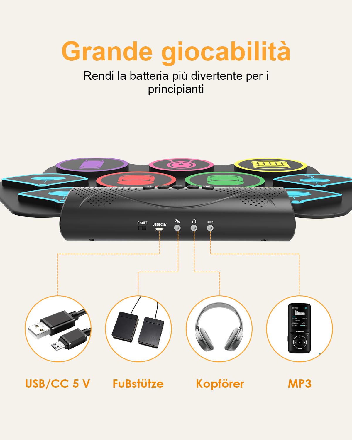 Tamburi elettronici, 9 cialde, batteria elettronica pieghevole, con bacchette, set elettrico portatile, con Bluetooth, per bambini, principianti compleanno e regalo