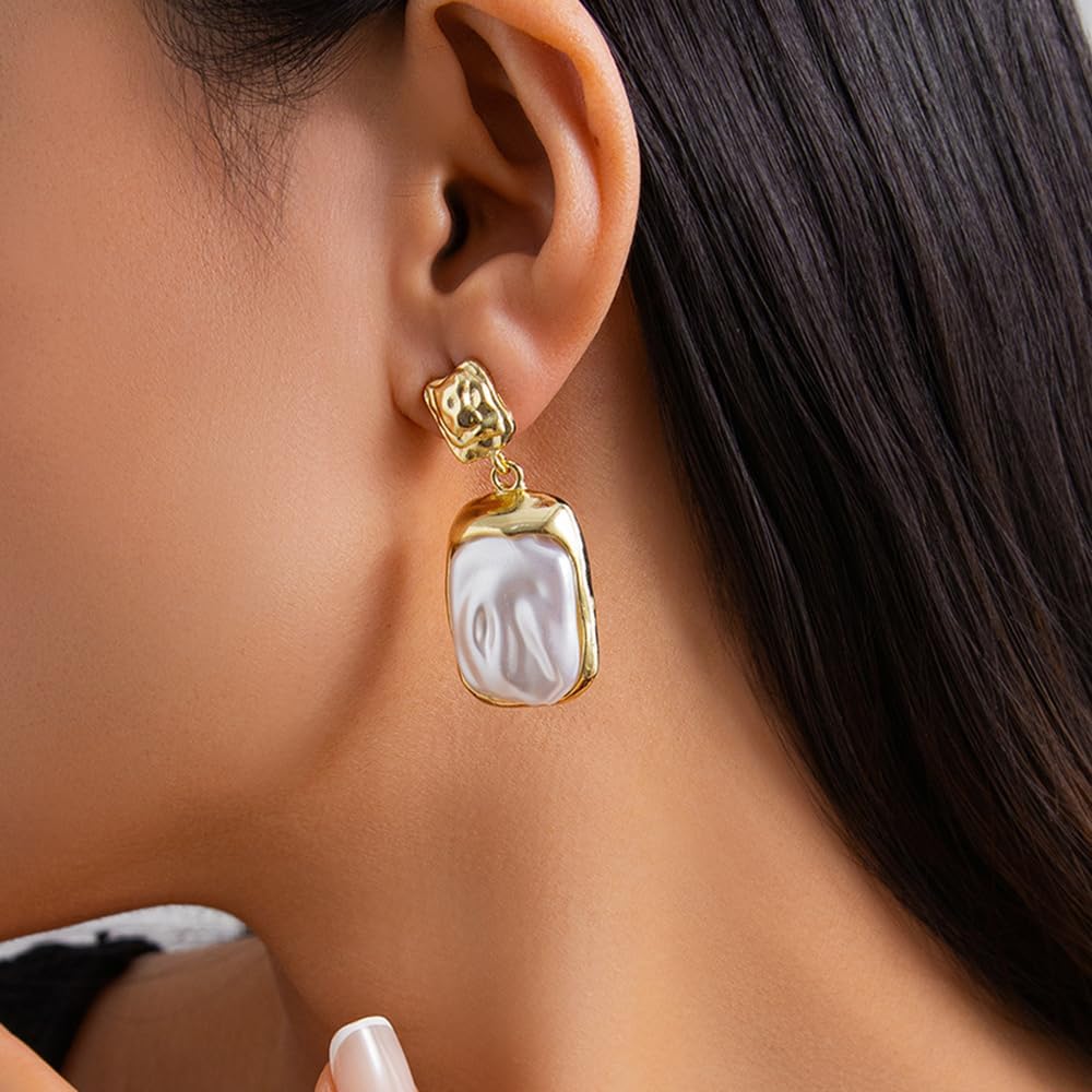 Octwine Vintage Statement Trendy Dangle Pearl Earrings for Women Gold Pearl Hoop Boho Drop Bridal Wedding Prom Drop Simple Pearls Earrings for Women - Image 2