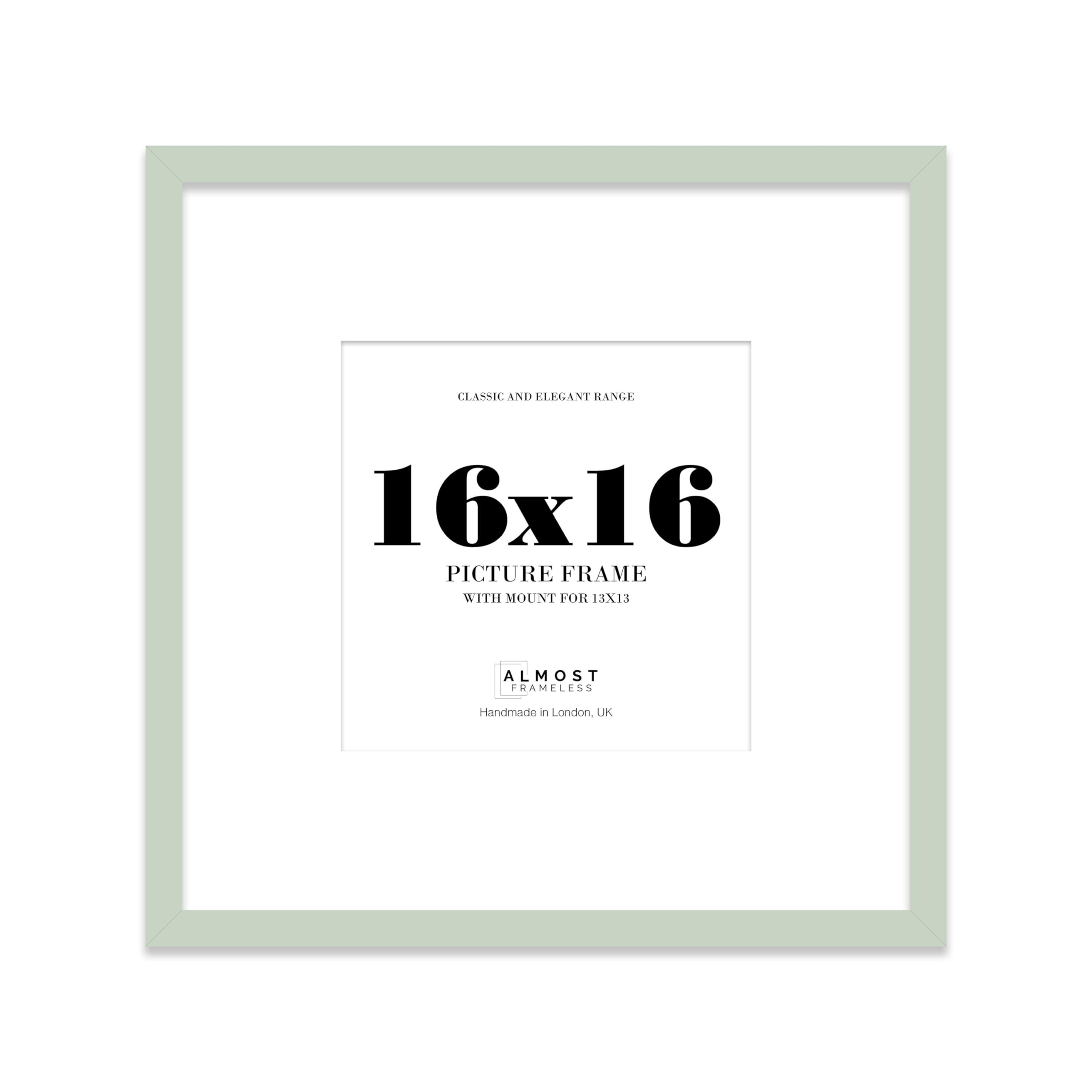 Almost Frameless 16x16 Square Picture Frame, Display Pictures 13x13 With Mat or 16x16 Without Mat, Wall Hanging & Free Standing Photo Frame, Mint Green, 1 Pack