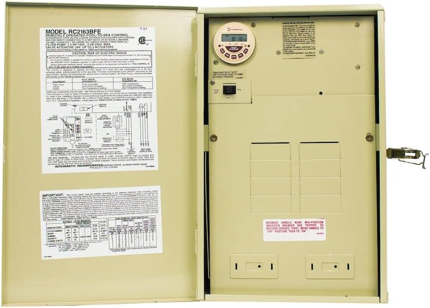 Intermatic RC2163BFE Pool/Spa Control System with door open, showing detailed internal wiring diagram and labels.