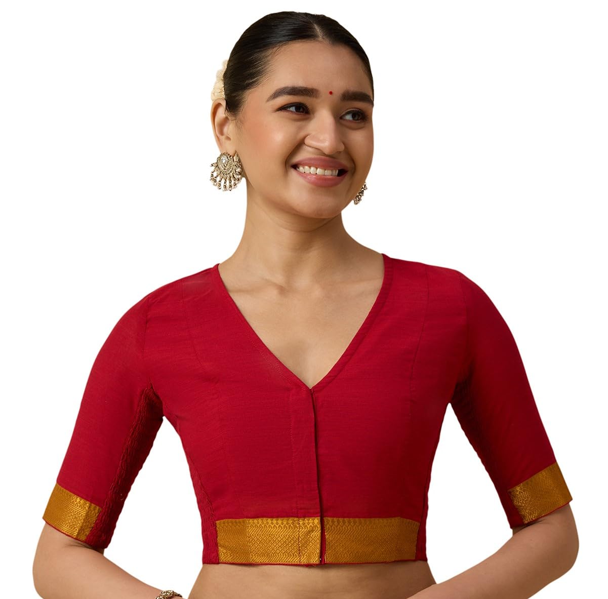 studio shringaar Women's Handloom Cotton Stretchable (Smocked) Saree Blouse with Temple Zari Border-picture-36