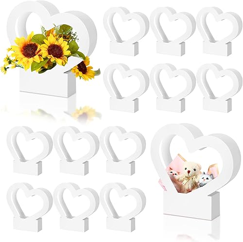 Sinmoe 12 cajas en forma de corazón para flores, bolsas vacías de regalo con asa, cesta plegable para arreglos de boda, graduación (blanco)