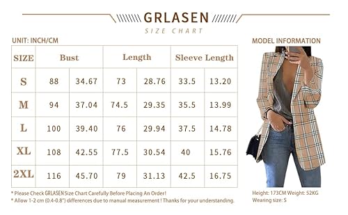Grlasen Womens Casual Blazer Plaid Slim Fit Lapel Work Office Outerwear Jacket Suit Sky Blue #TOP4