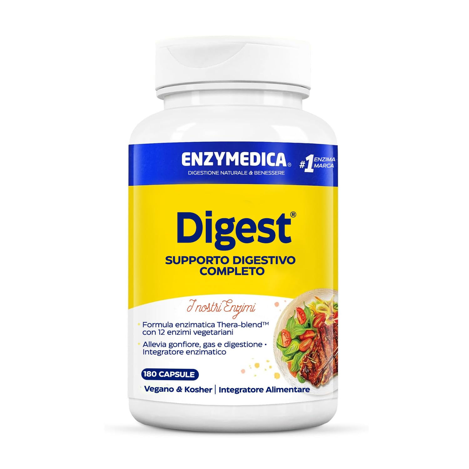 Enzymedica, Digest, Integratore Alimentare a Base di Enzimi ad Azione Rapida, Riduce Gonfiore e Irregolarità, Gluten Free, Senza Lattosio, Vegano,180 Capsule
