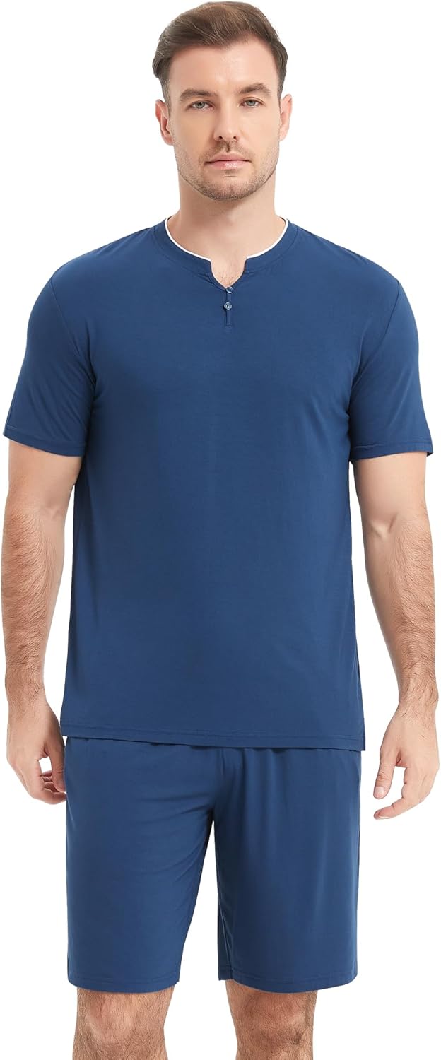 NACHILA Pajamas for Men Pj Short Sleeve Sleepwear with Shorts V Neck Loungewear Cool Pajama,Viscose Made from Bamboo