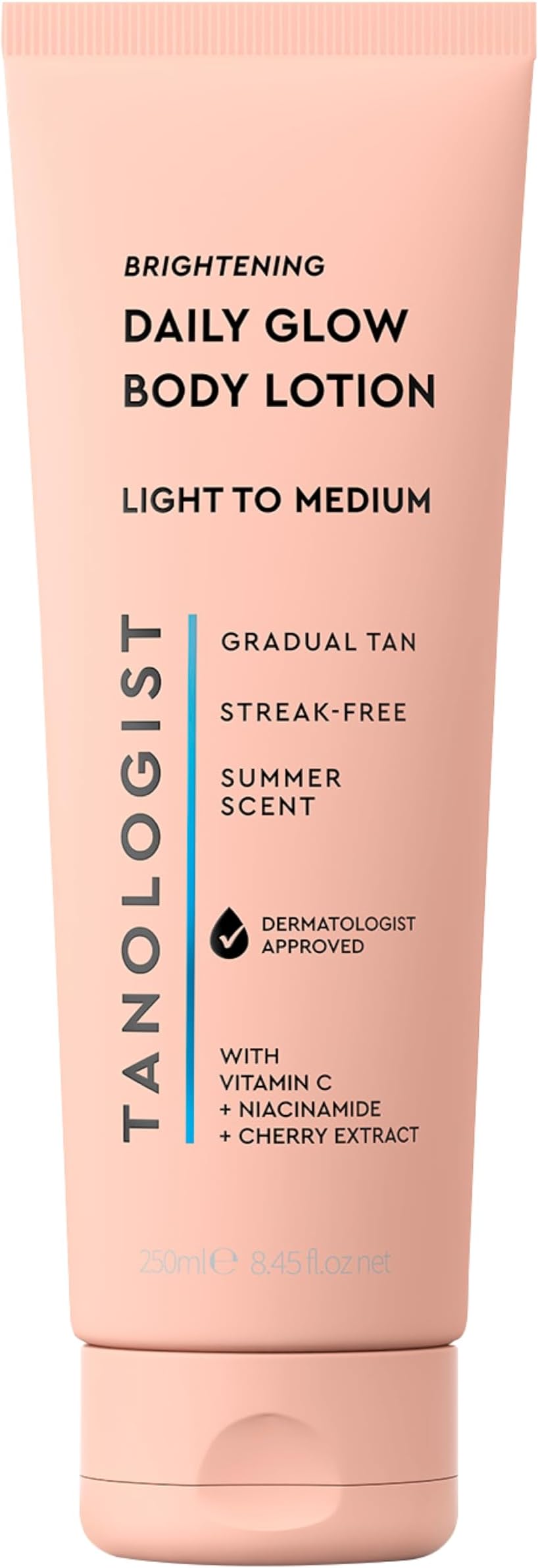 Brightening Daily Glow Gradual Self-Tanning Lotion Fair to Medium, Lightweight Moisturizer with Vitamin C, Niacinamide & Cherry Extract, Buildable, Streak-Free, Hydrating, 250ml