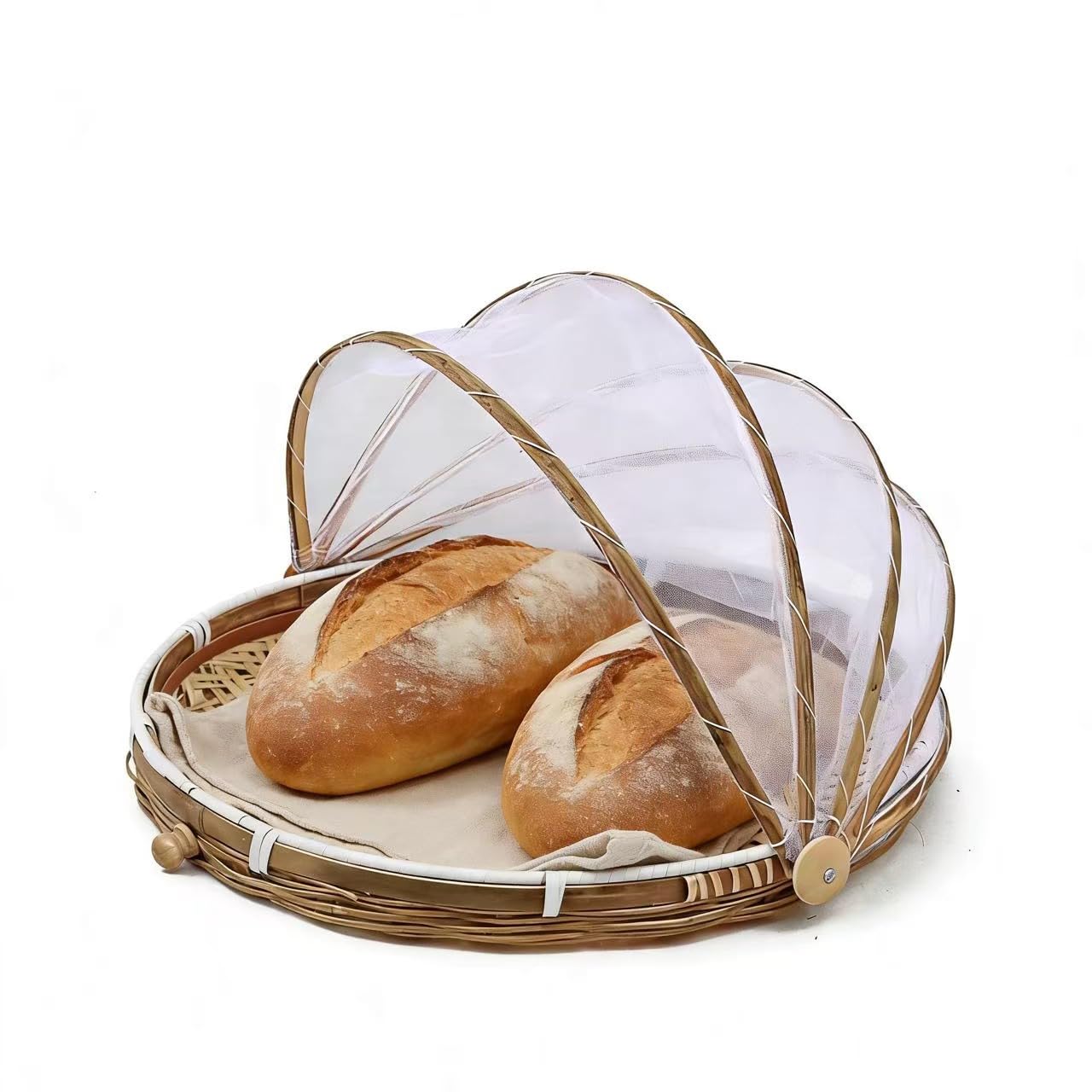 Cestino in bambù intrecciato a mano con copertura in rete, per coprire e servire il cibo, a prova di insetti, antipolvere, per pane, frutta e verdura, Bambù, Stile 3, Dia.30cm