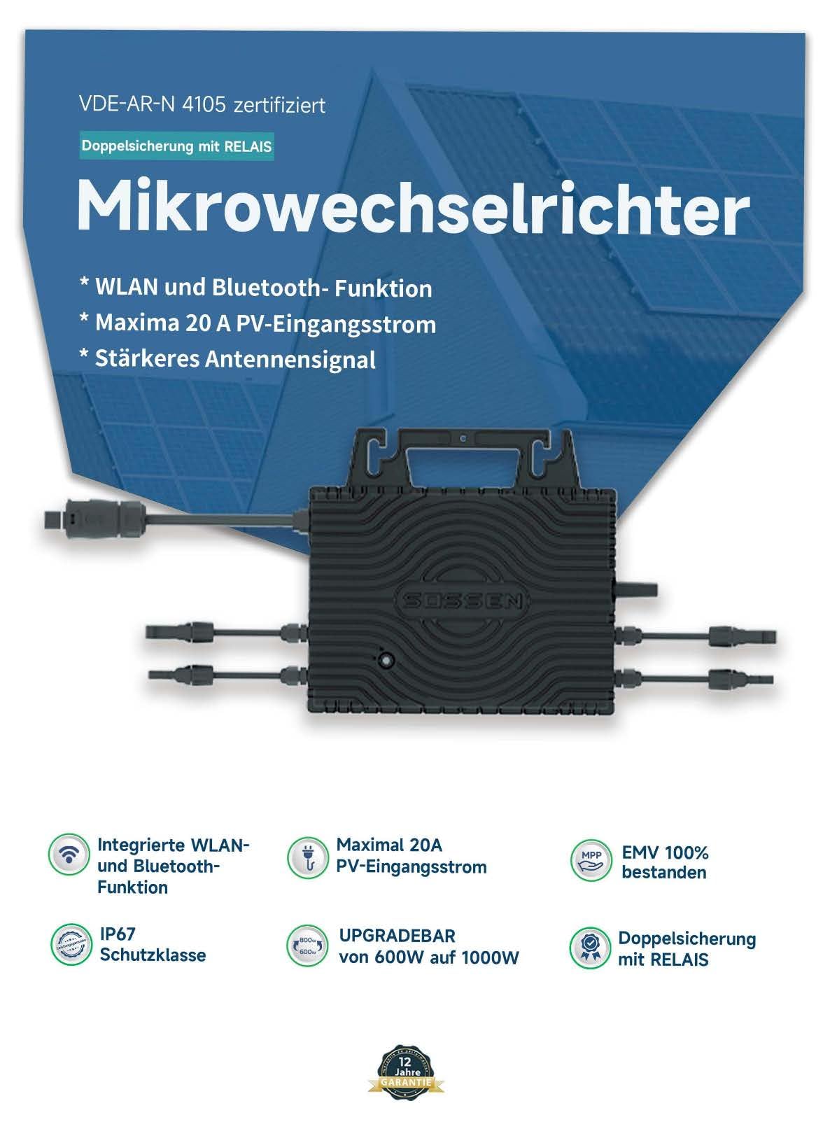 Sossen - Micro inverter per impianto elettrico da balcone – WLAN, 800 Watt, cavo di collegamento da 5 metri per presa elettrica