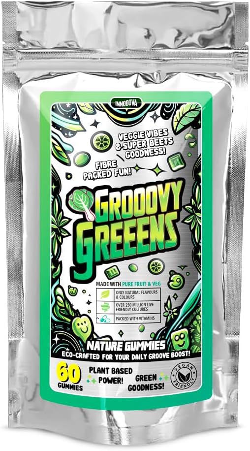 Grooovy Greeens, Gummies with Powerful Blend of Fruit and Vegetable Extracts to Support Gut Health and Digestion and Boost Energy, Suitable for Vegans, Orange and Lemon Flavour 60 Gummmies