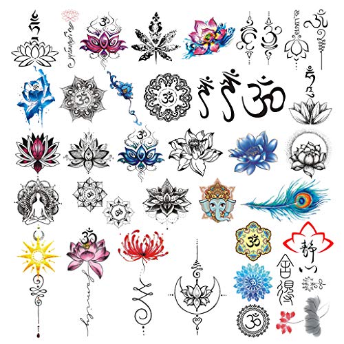 CARGEN Realistic Lotus Temporary Tattoos - 30 Sheets Yoga Style Stickers OM Lycoris Mandala Flower Elephant Moon Peacock Feather Sanskrit Tibetan Meditation Fearless Temporary Fake Tattoo Body Art